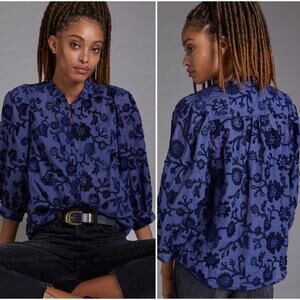 Anthropologie Blue Floral Velvet-Texture Button-Down Shirt